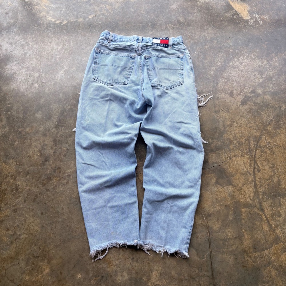 Vintage Tommy Hilfiger Baggy Distressed Jeans‎ Mens 32x29 Light Wash Raw Hem 90s
